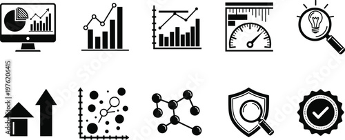 Data analytics icons, performance metrics, scientific research symbols, quality assurance badge, innovation magnifying glass