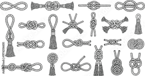 Decorative knot illustration, black and white sketch, sailing rope design, climbing knot artwork, nautical cord pattern, crafting tie symbol graphic