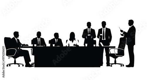 Business meeting, corporate team, office silhouettes, black and white, vector icons