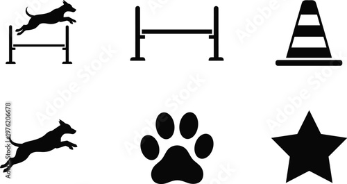 Dog agility silhouette icons, jumping hurdle, paw print, star symbol, training cone, pet sport, competition, achievement, obedience, playful design