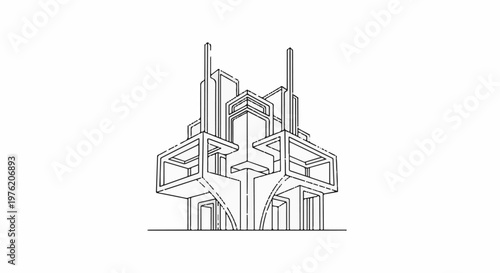 Abstract geometric building structure with cuboid elements and spires
