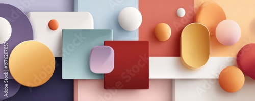 Minimal composition with floating geometric shapes and colorful abstract design for modern backgrounds