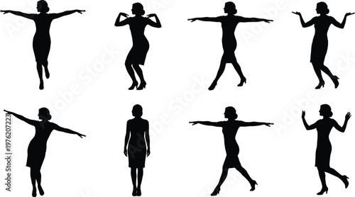 Elegant Flight Attendant Silhouette Set Featuring Air Hostess Posing with Open Arms and Professional Cabin Crew Stances for Airline Travel Industry