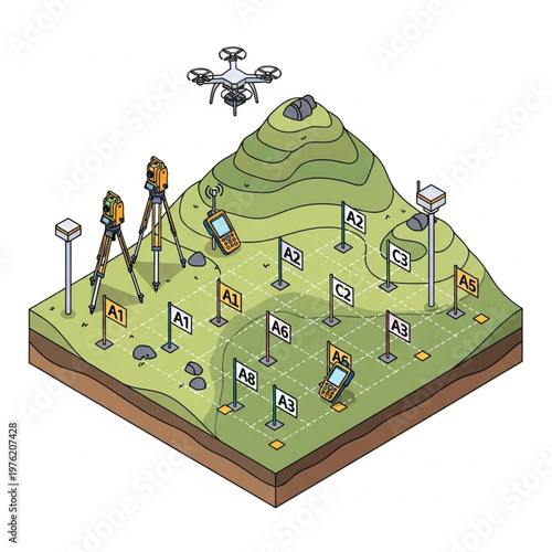 Isometric Land Surveying Scene with Drone and Surveying Equipment.