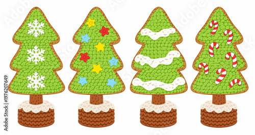 Collection of decorated Christmas tree cookies with icing, sprinkles and candy details in varied styles. Sweet holiday vector treats isolated on transparent background.