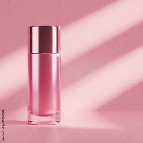 Pink cosmetic bottle with rose gold cap during soft studio lighting with angled shadows
