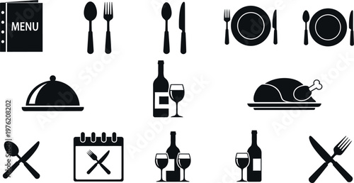 A set of 13 black and white icons related to restaurant and food service, including a menu, utensils, plates, wine, and a calendar with crossed fork and spoon