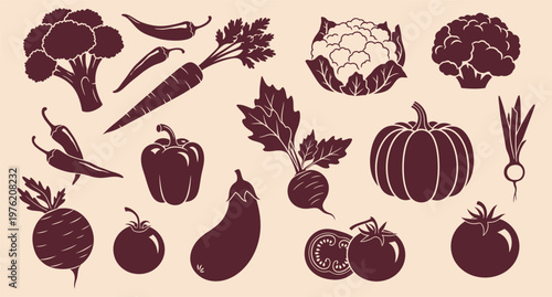A digital illustration featuring various vegetables in maroon color on a light gray background, including broccoli, cauliflower, carrots, chili peppers, beets, leafy greens, bell peppers, eggplant, pu