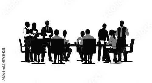 Business meeting, office team, black silhouettes, corporate group, people sitting at table