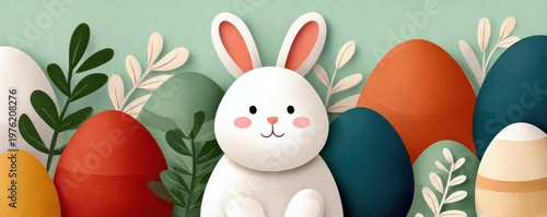 Easter bunny with colorful eggs and spring foliage paper-style vector illustration