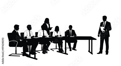 Business meeting, corporate team, office silhouettes, black and white, vector icons