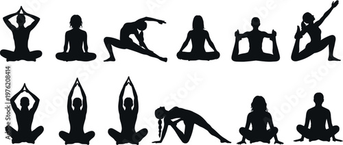 A collection of black silhouettes depicting various yoga poses on a white background