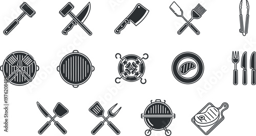 A set of 15 black and white line drawing icons related to barbecue and grilling including various types of meat tools and grills