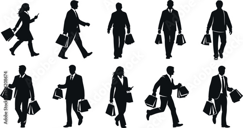 A collection of ten black silhouettes of business professionals walking in various poses, carrying briefcases and bags, on a white background.