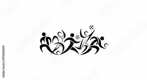 Stylized figures in black and white silhouette playing with soccer balls