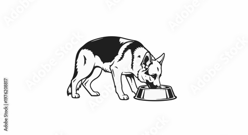 Stylized German Shepherd dog drinking from a bowl