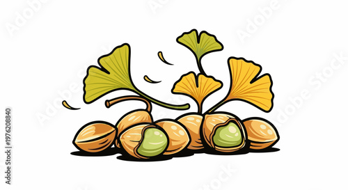 Stylized ginkgo nuts and fan-shaped leaves with falling elements