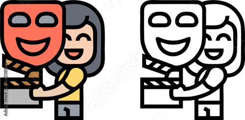 Professional actress holding theater mask and movie clapperboard