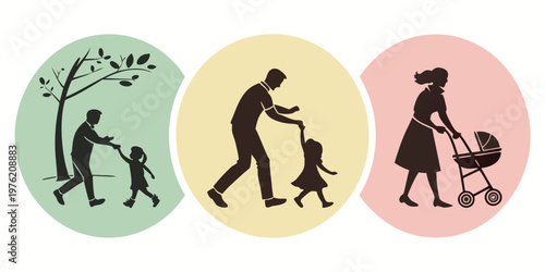 Silhouettes of family activities in circles depicting a father playing with his daughter under a tree a man walking with a child and a mother pushing a baby stroller, daughter