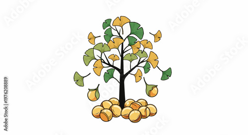 Stylized ginkgo tree with yellow and green leaves and round fruit