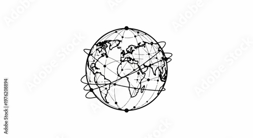 Stylized globe with interconnected network of points and lines across continents