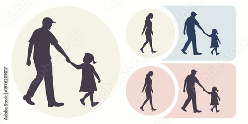 Collection of father and daughter silhouette icons with holding hands daughter silhouette illustration parenting relationship minimalist togetherness guidance isolated