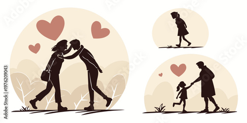 Silhouette illustrations of loving couple embracing and father with daughter holding hands with heart symbols representing family love and affectionate relationships, daughter