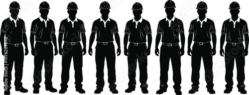 Group of Professional Construction Workers in Safety Hard Hats and Uniform Polo Shirts Standing in Row Silhouettes Isolated on White Background