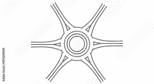 Stylized graphic of a multi-lane roundabout intersection with six radial exits