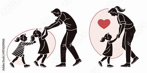 Silhouettes of father and mother playing with their daughters featuring a parent spinning a child and a mother holding her young girl's hands with heart symbol, daughter