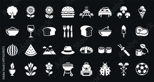 A set of 30 white icons on a black background including food, drink, sports, and outdoor recreation