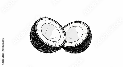 Stylized drawing of a coconut sliced in half, revealing its white flesh
