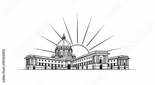 Stylized drawing of a grand building with a dome and rising sun