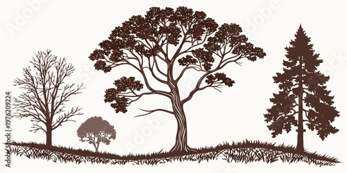 Dark brown silhouettes of various trees including a pine, large deciduous tree, and bare winter branches on a textured grassy ground for rustic nature landscape designs