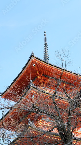 Iconic Japanese Pagoda Architecture with Bare Tree Branches Against Blue Sky
