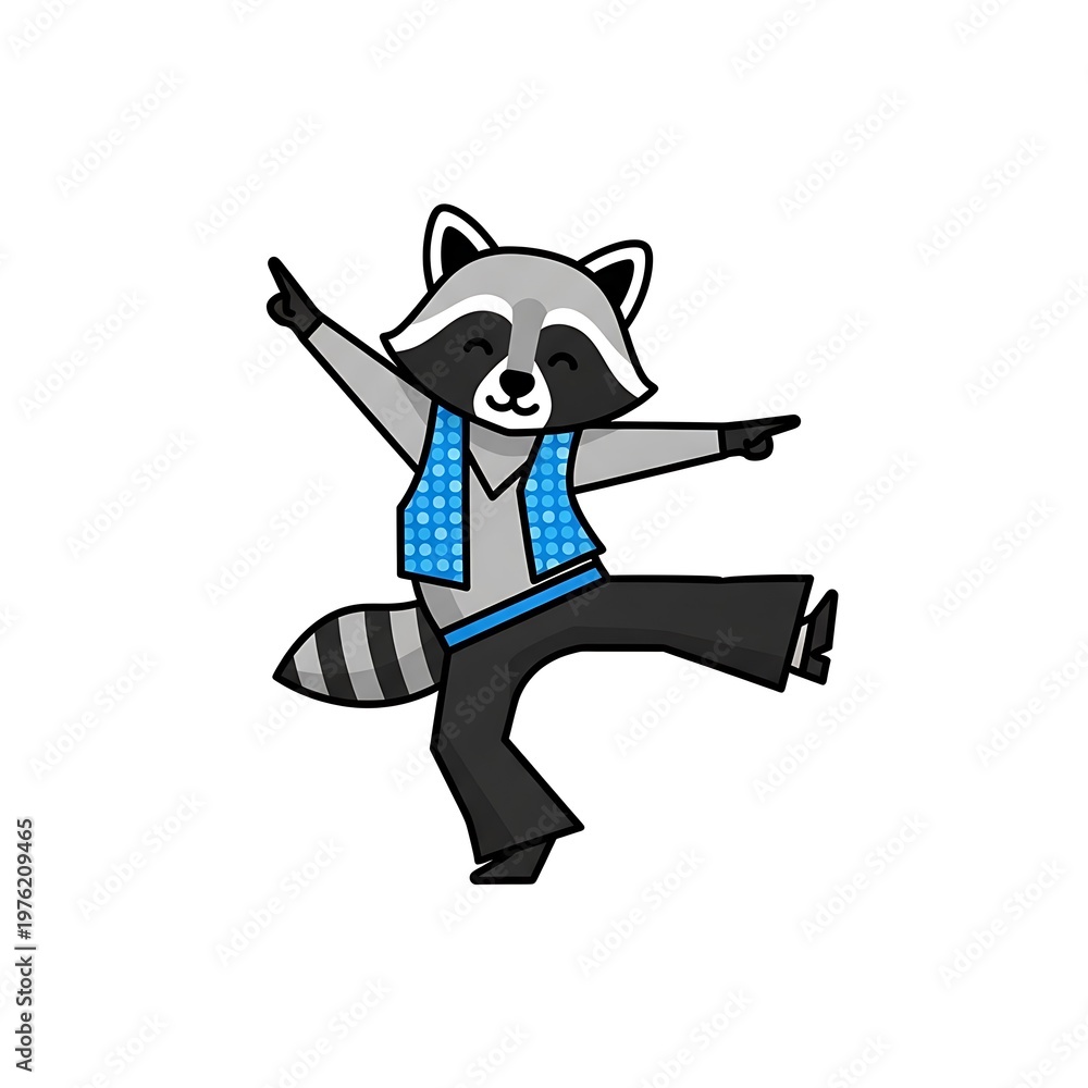 Fototapeta premium A cartoon raccoon, sporting a blue vest and dark pants, dances joyfully on a white background, its arms outstretched