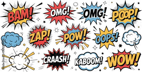 Quadro su tela Doodle speech bubble set with comic boom explosions, smoke clouds and onomatopoe
