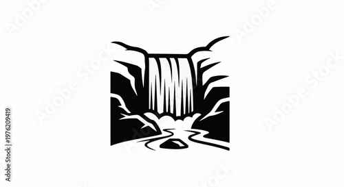 Stylized black and white illustration of a waterfall cascading into a stream