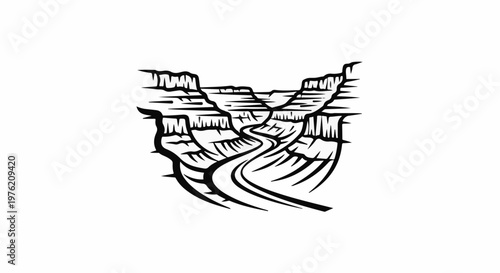 Stylized black and white illustration of a winding canyon with layered rock formations
