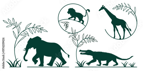 Collection of african wildlife silhouettes including elephant crocodile lion and giraffe with tropical leaf elements wildlife silhouette elephant crocodile savannah