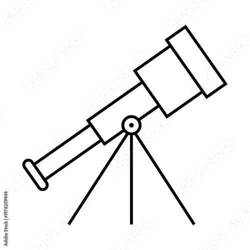 A detailed illustration of a telescope mounted on a tripod, in a minimalist style. Vector of an optical telescope mounted on a tripod for stargazing and exploration