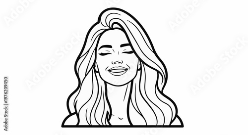 Stylized black and white illustration of a woman's smiling face and flowing hair