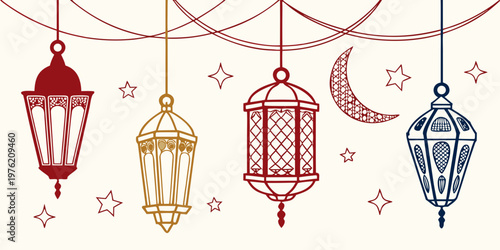 Ramadan kareem hanging lantern collection with crescent moon and stars in traditional colors for islamic holiday greeting middle east religion crescent decoration festival