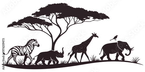 African animal silhouettes featuring zebra rhino giraffe and elephant with bird under an acacia tree canopy silhouette wildlife rhinoceros elephant savannah wilderness