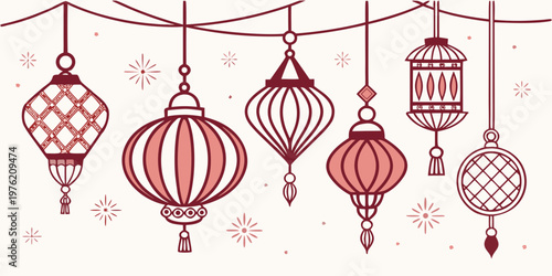 Collection of decorative hanging lanterns with intricate patterns and star accents on a white background for festive celebration middle east decoration celebration ornament