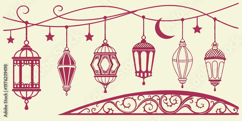 Intricate hanging lanterns with crescent moon and stars above decorative floral ornamental border for festive religious celebration middle east decoration ornament crescent
