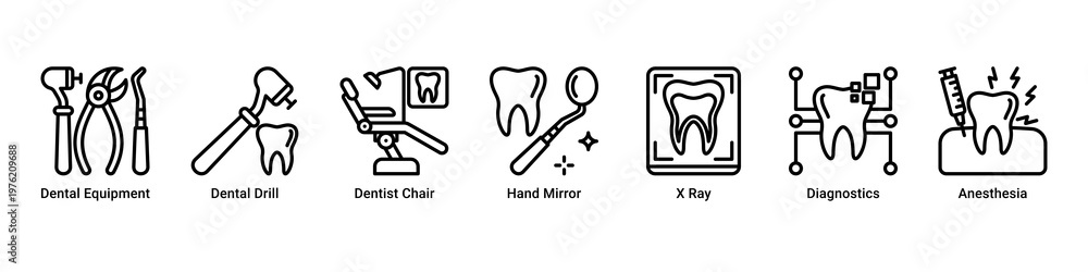 Obraz premium Dental Tools web banner icon vector illustration with icons of Dental Equipment,Dental Drill,Dentist Chair,Hand Mirror,X Ray,Diagnostics and Anesthesia