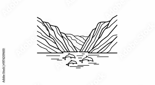 Stylized black and white illustration of dolphins swimming near a rocky gorge