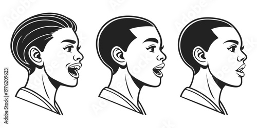 Profile illustrations of a woman with short hair showing different mouth positions for speaking singing and expressing emotion in vector line art style speaking expression