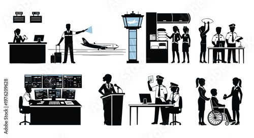 Office, workplace, business icons, 16 black and white vector graphics, people at work, office scenes, professional activities